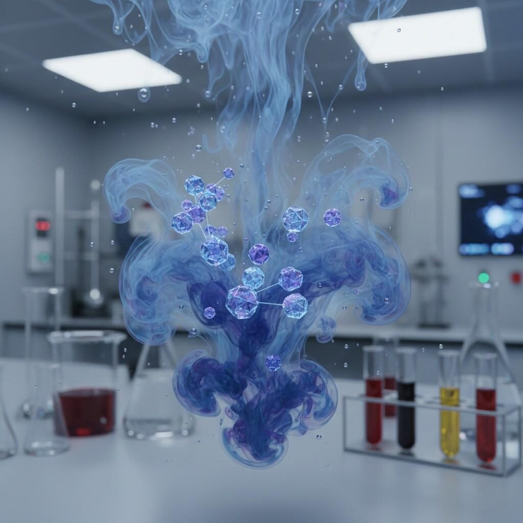 A stunning macro shot capturing the mesmerizing diffusion of complex vape flavor molecules within a thick, low-PG e-liquid base. Perfect for corporate, scientific, or laboratory-themed vape product marketing with a professional aesthetic