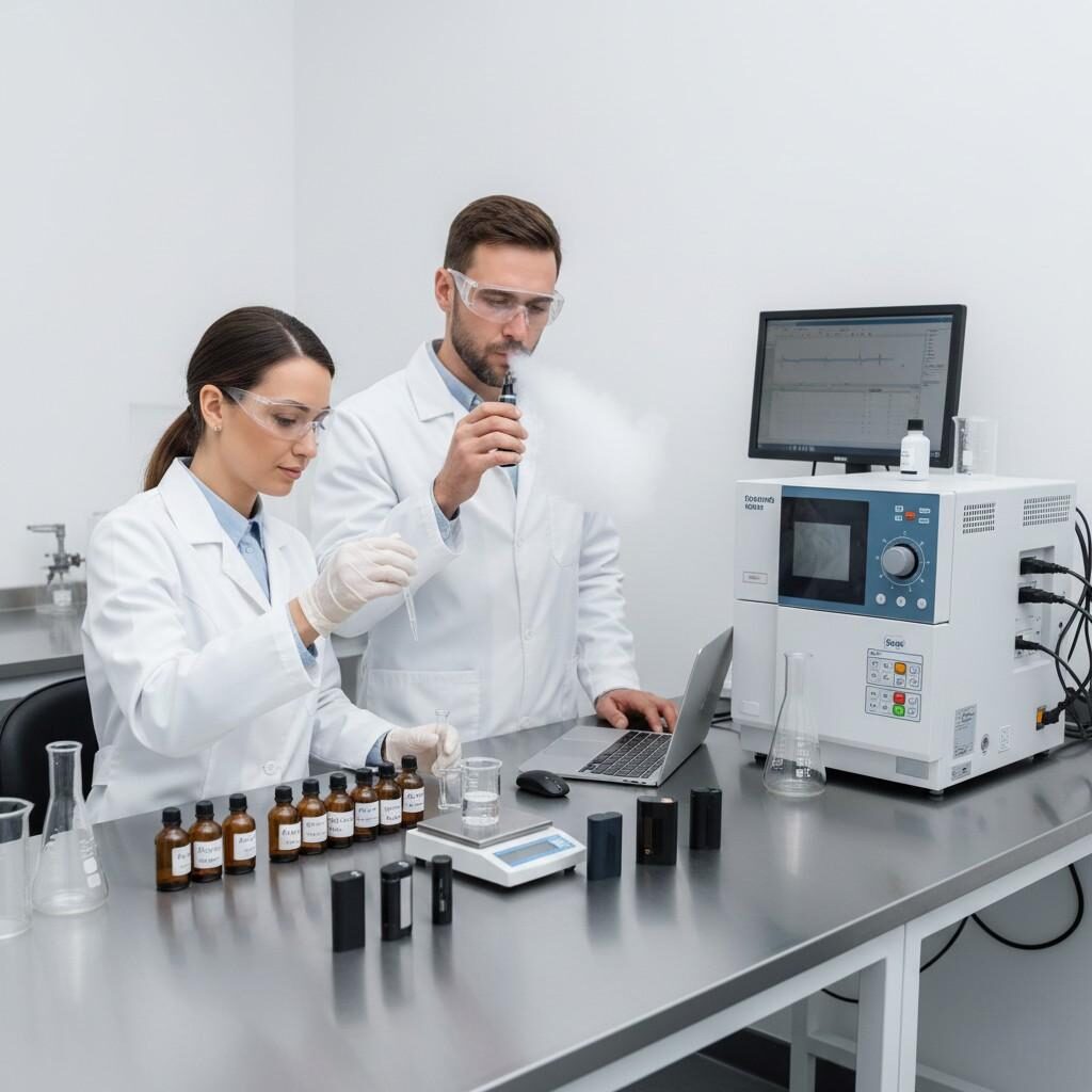 A professional shot capturing flavor chemists in a high-tech R&D lab, evaluating high-VG e-liquid samples using advanced analytical instruments and testing performance with modern pod systems for quality assurance