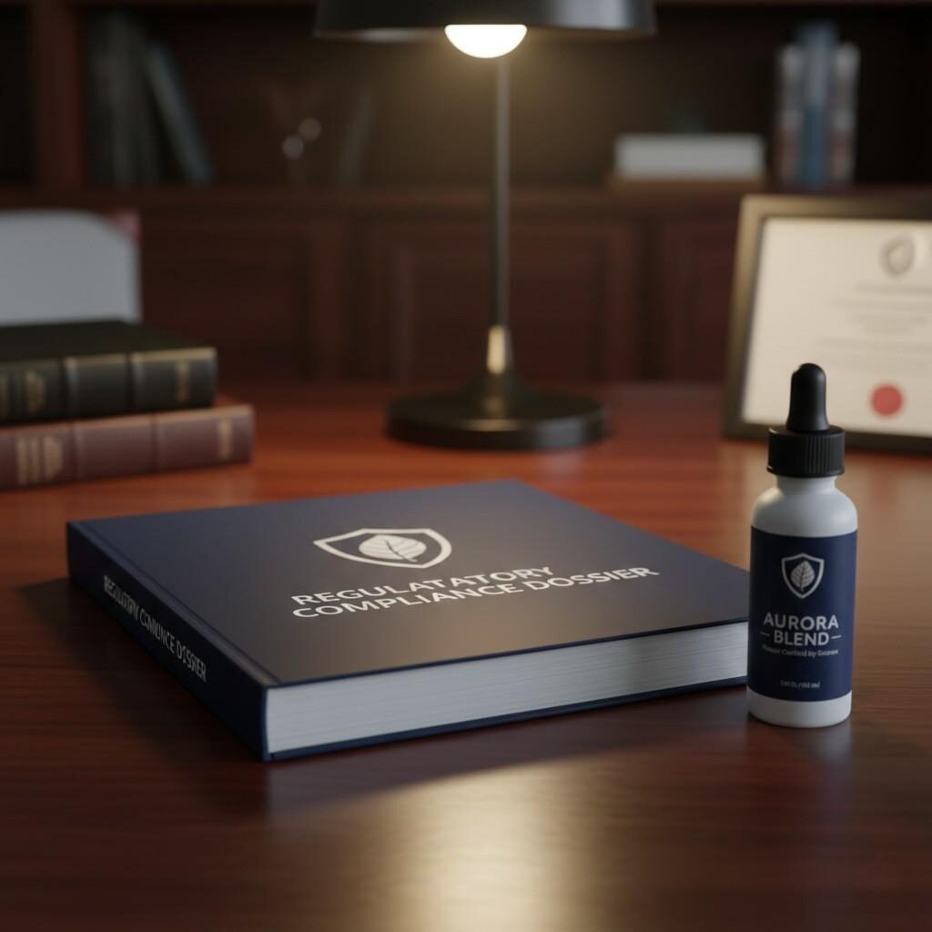 A high-resolution image showcases a finished, professional-grade regulatory dossier with a corporate logo, resting on a polished mahogany desk next to a modern e-liquid bottle. The authoritative lighting suggests trust and meticulous adherence to regulatory standards.