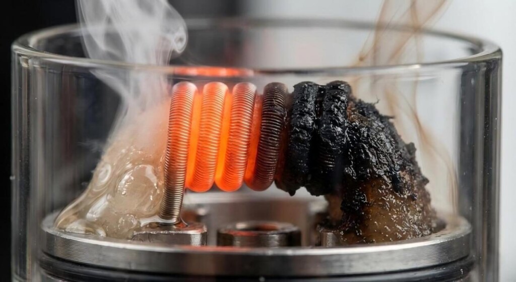 Una comparación macro que muestra una bobina de vapeo calentada dividida entre la producción de aerosol limpio y la acumulación de carbonizado negro causada por la degradación térmica de moléculas pesadas.