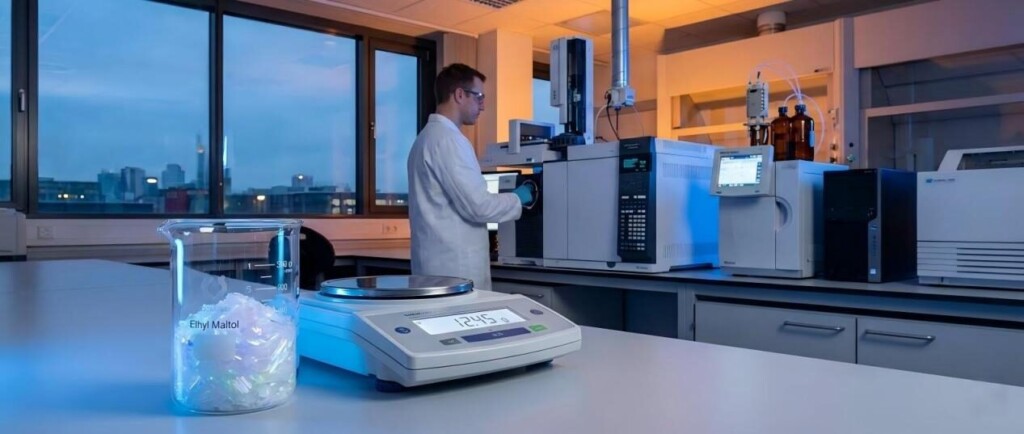 现代化学实验室的电影广角镜头，烧杯中装有闪闪发光的乙基麦芽酚晶体，背景是一位科学家在操作 GC-MS 机器。