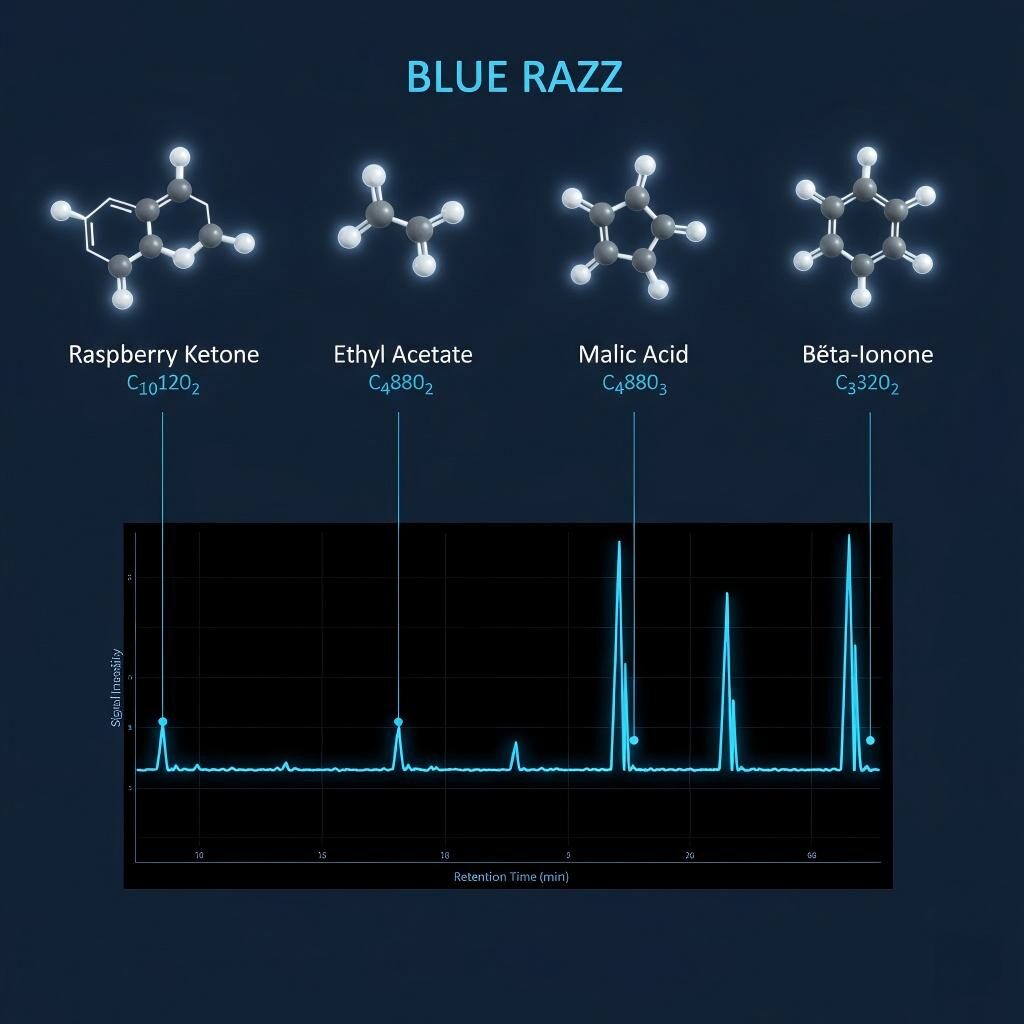 Une visualisation technique des éléments constitutifs moléculaires de la saveur Blue Raspberry. Présente des modèles 3D de cétone de framboise, d'acétate d'éthyle, d'acide malique et de bêta-ionone sur une lecture numérique de spectrométrie GC-MS.