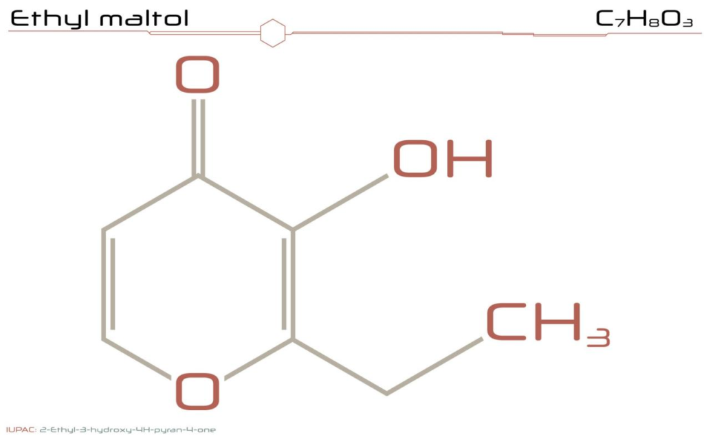 乙基麦芽酚分子的技术图，显示其化学式 C7H8O3 和 IUPAC 名称：2-乙基-3-羟基-4H-吡喃-4-酮。