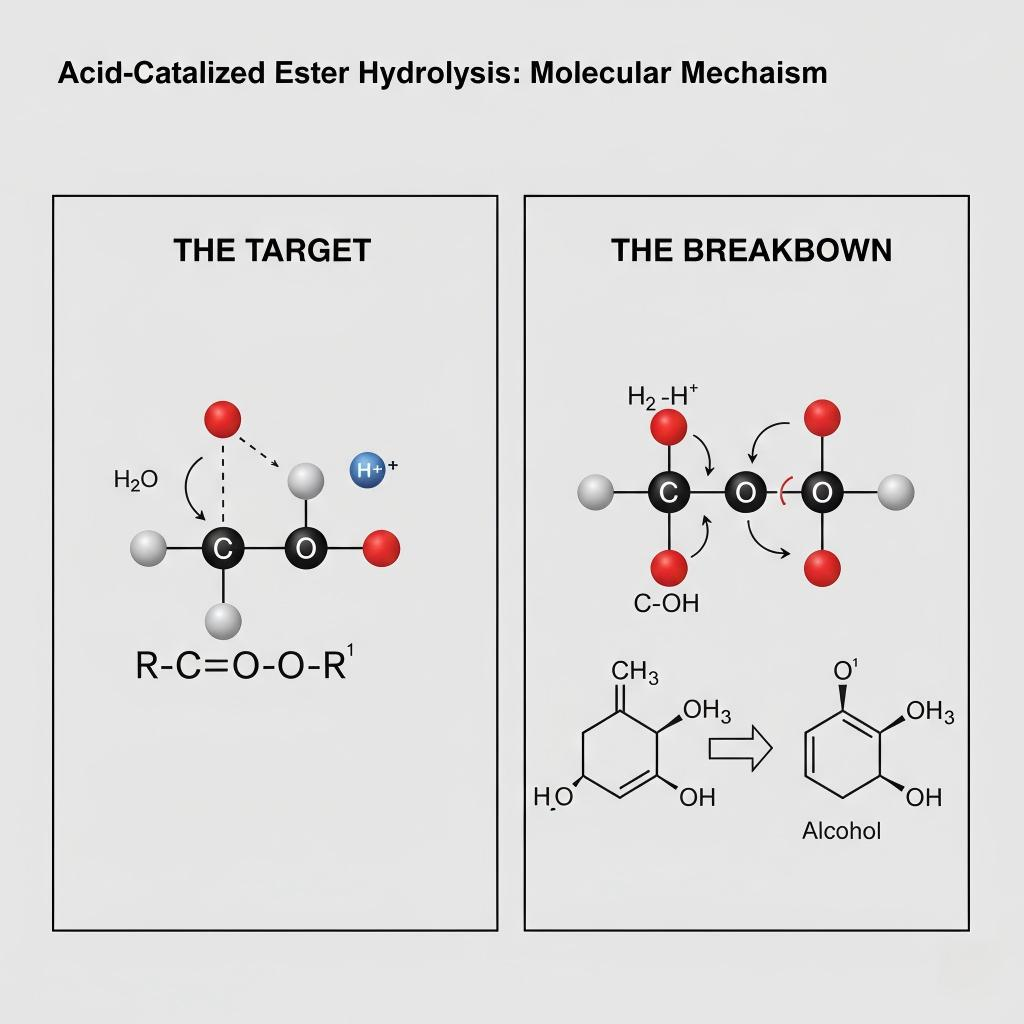 Un diagramme scientifique détaillé en deux panneaux illustrant le mécanisme moléculaire étape par étape de l'hydrolyse des esters catalysée par un acide en acide carboxylique et en alcool.