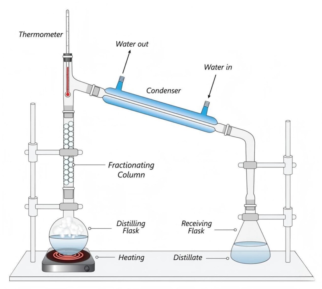 Un diagrama de laboratorio detallado que ilustra el proceso de destilación de recorrido corto y muestra el recorrido desde el matraz de alimentación calentado hasta la esencia purificada mediante una bomba de vacío y una trampa fría.