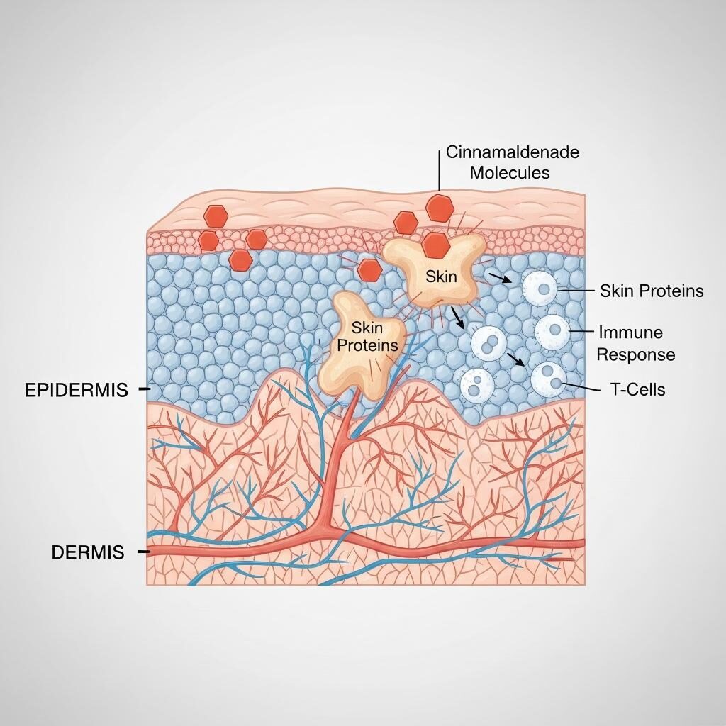 医学插图描绘了肉桂醛分子如何穿透皮肤层、与蛋白质结合并触发 T 细胞免疫反应。