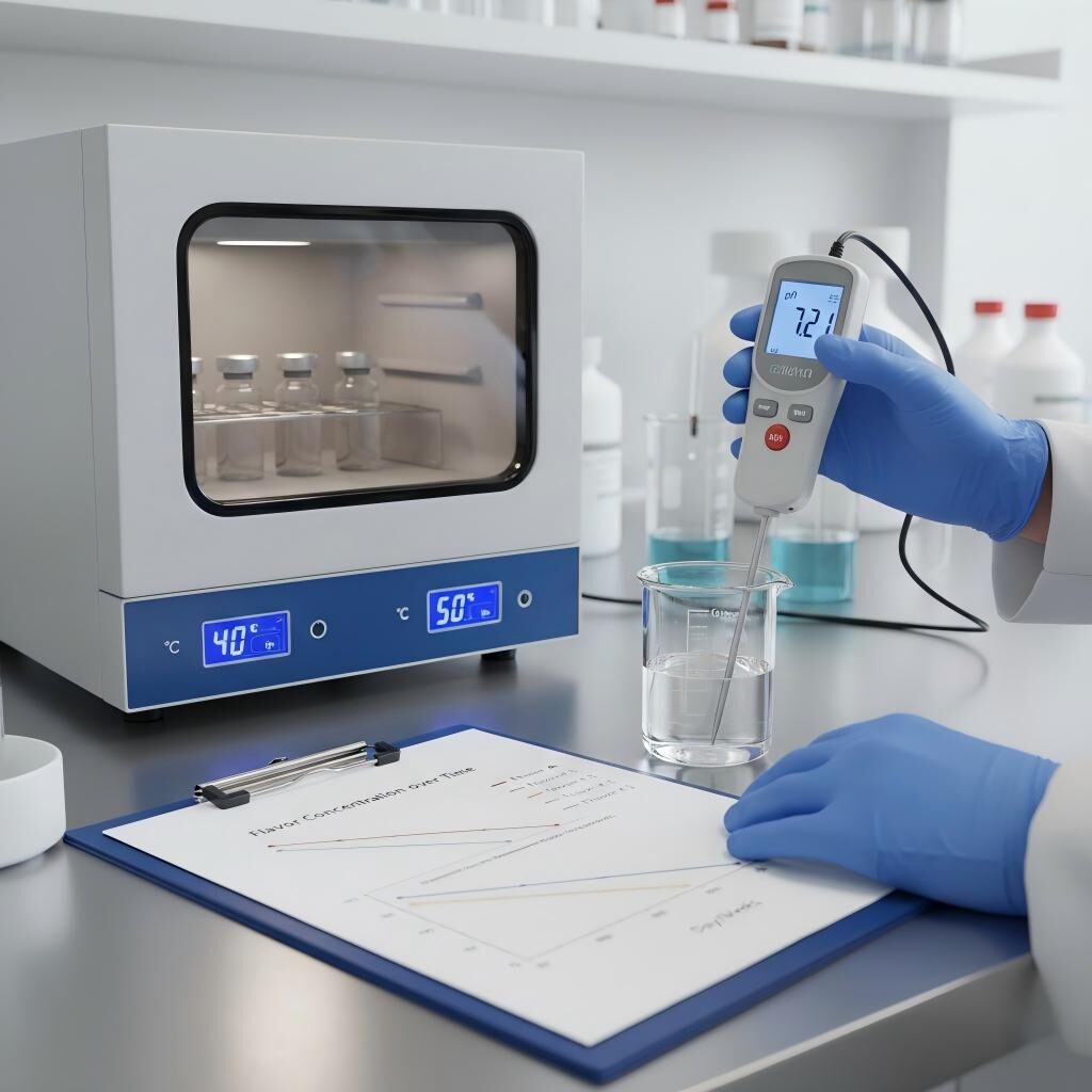 Un technicien effectue des tests de pH et une analyse accélérée de stabilité sur des échantillons de e-liquides à 40 °C et 50 °C pour surveiller la concentration de saveur et la dégradation pendant la durée de conservation.