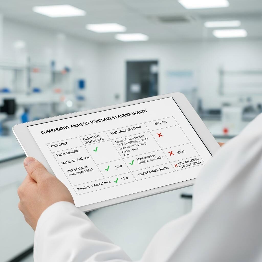 Un cuadro científico comparativo que analiza el propilenglicol, la glicerina vegetal y el aceite MCT en términos de solubilidad en agua, vías metabólicas y aceptación regulatoria para la seguridad de la inhalación.