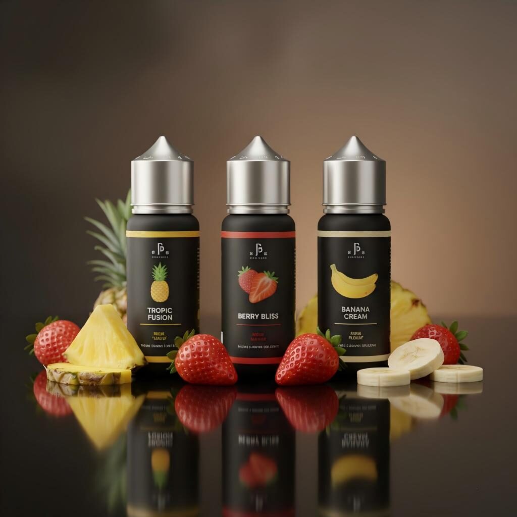 Un présentoir haut de gamme de bouteilles d'e-liquides aromatisées aux fruits présentant des ananas frais, des fraises et des bananes sur une surface réfléchissante pour mettre en valeur la qualité et la stabilité de la saveur.