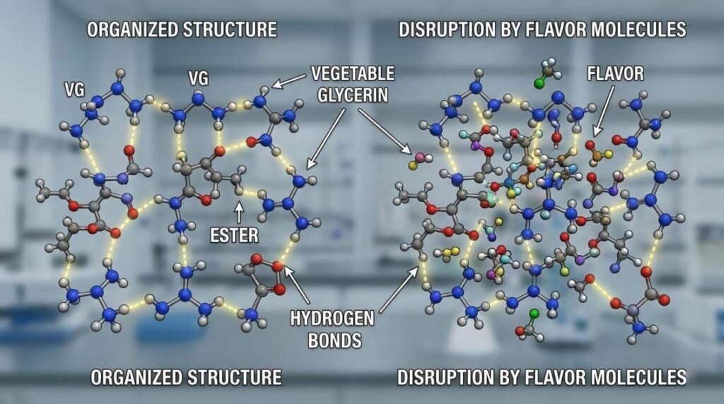 Una visualización molecular detallada en 3D que compara la estructura organizada de enlaces de hidrógeno de la glicerina vegetal y los ésteres con la alteración estructural causada por las moléculas de sabor.