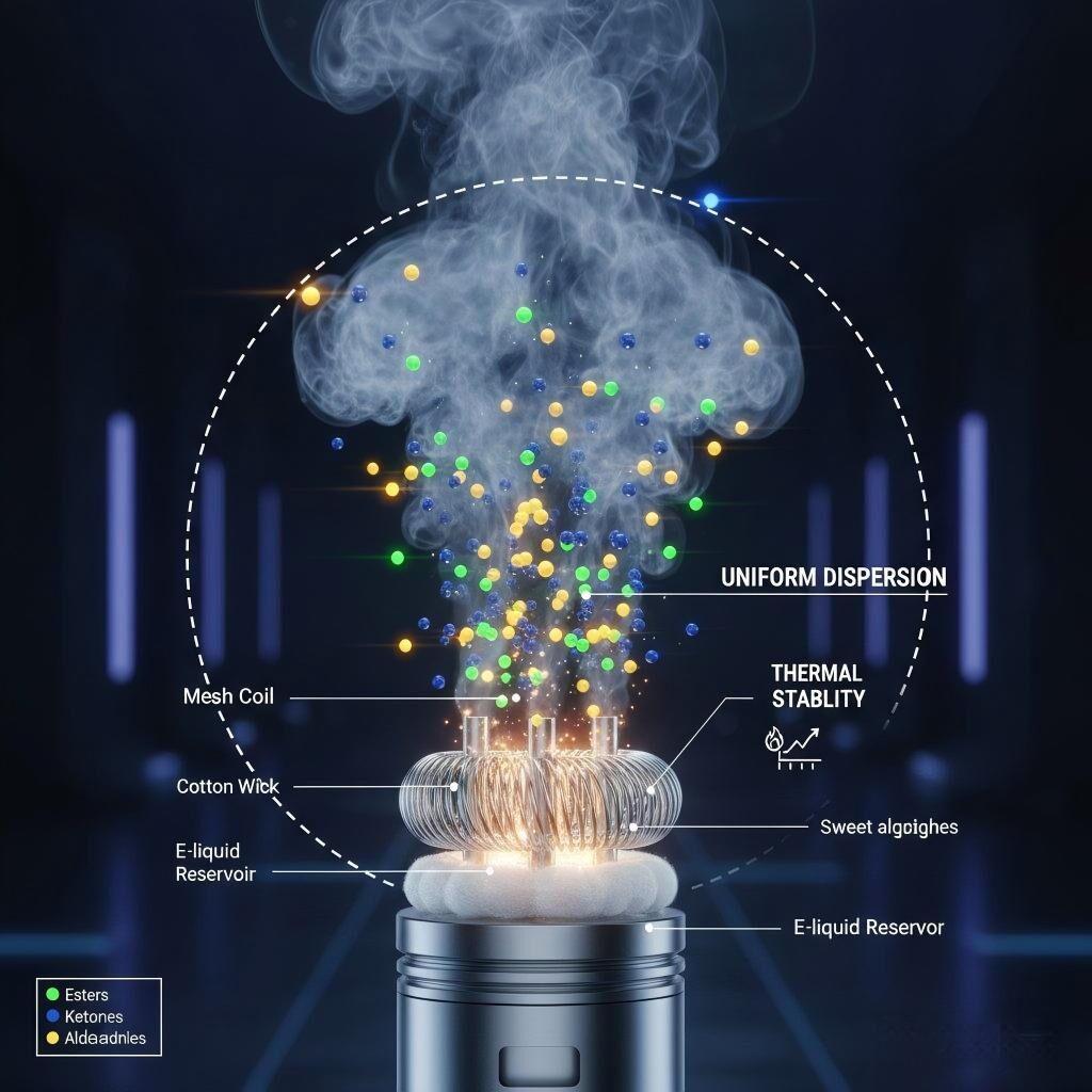 Una infografía técnica que muestra una sección transversal de una bobina de vapeo donde las moléculas de sabor logran una dispersión uniforme y estabilidad térmica durante la vaporización.