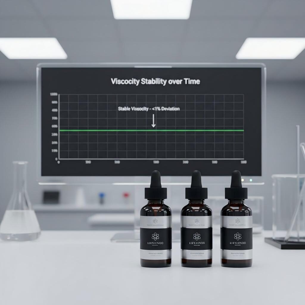 Una exhibición profesional de botellas premium de color oscuro en un laboratorio de alta tecnología, respaldada por un gráfico digital que muestra una perfecta estabilidad de la viscosidad para garantizar el rendimiento del producto.