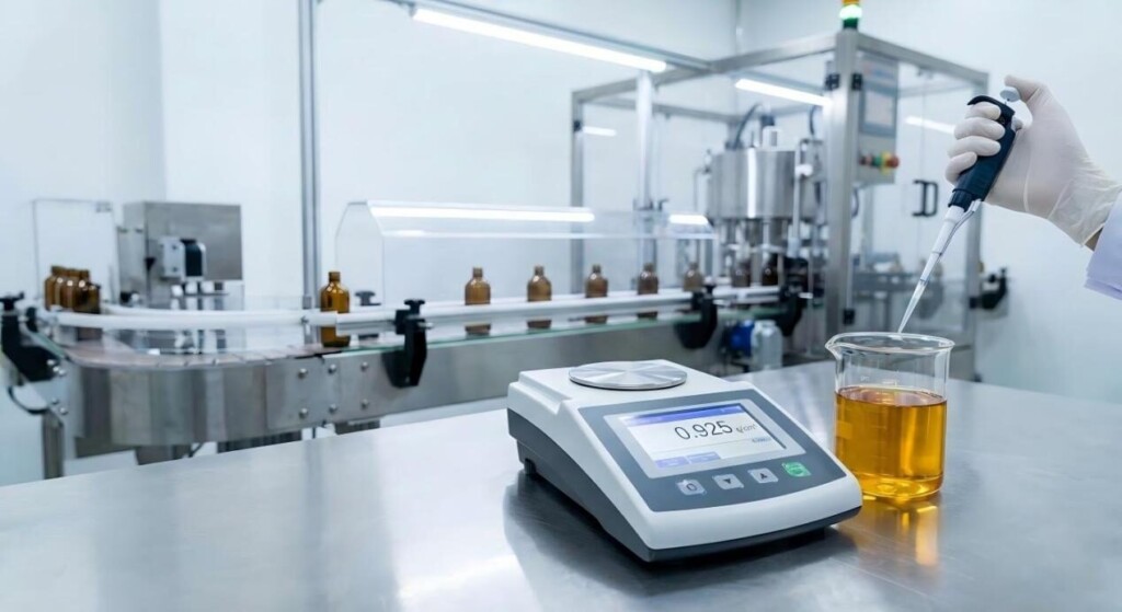 A high-resolution sterile laboratory photograph showcasing a digital density meter and golden e-liquid, highlighting the rigorous quality control and automated bottling processes in modern manufacturing.