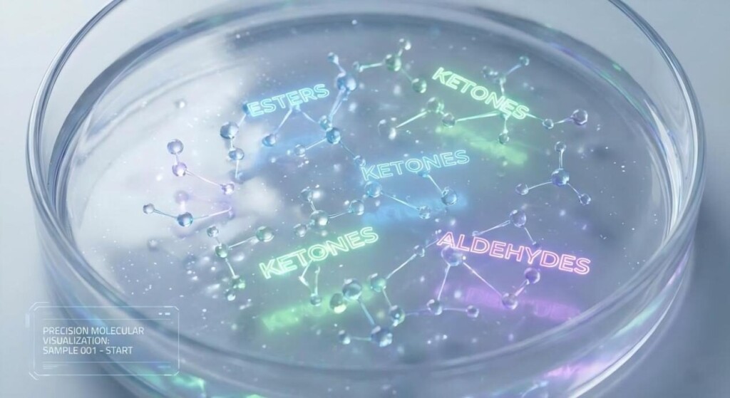 A high-definition microscopic visualization of flavor molecules—esters, ketones, and aldehydes—dispersing in a crystal-clear liquid with a neon-glowing molecular dance aesthetic.