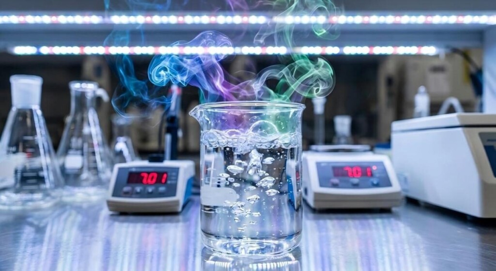 A high-speed macro photograph capturing the transition of liquid bubbles into vibrant, colorful vapor clouds within a professional laboratory setting featuring a digital pH meter and beakers.