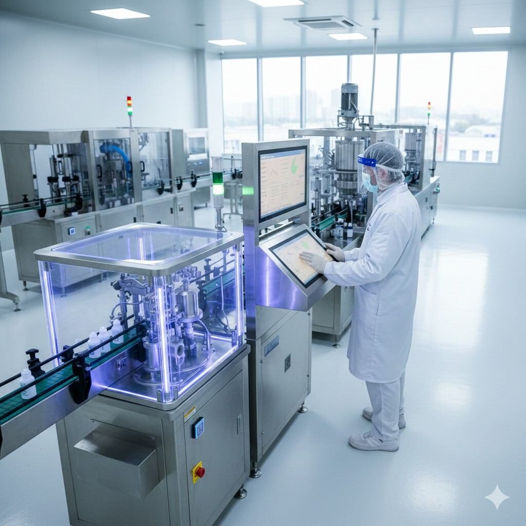 A professional, wide-angle view of a sterile e-liquid manufacturing plant featuring a high-tech homogenization station and real-time particle size analysis.