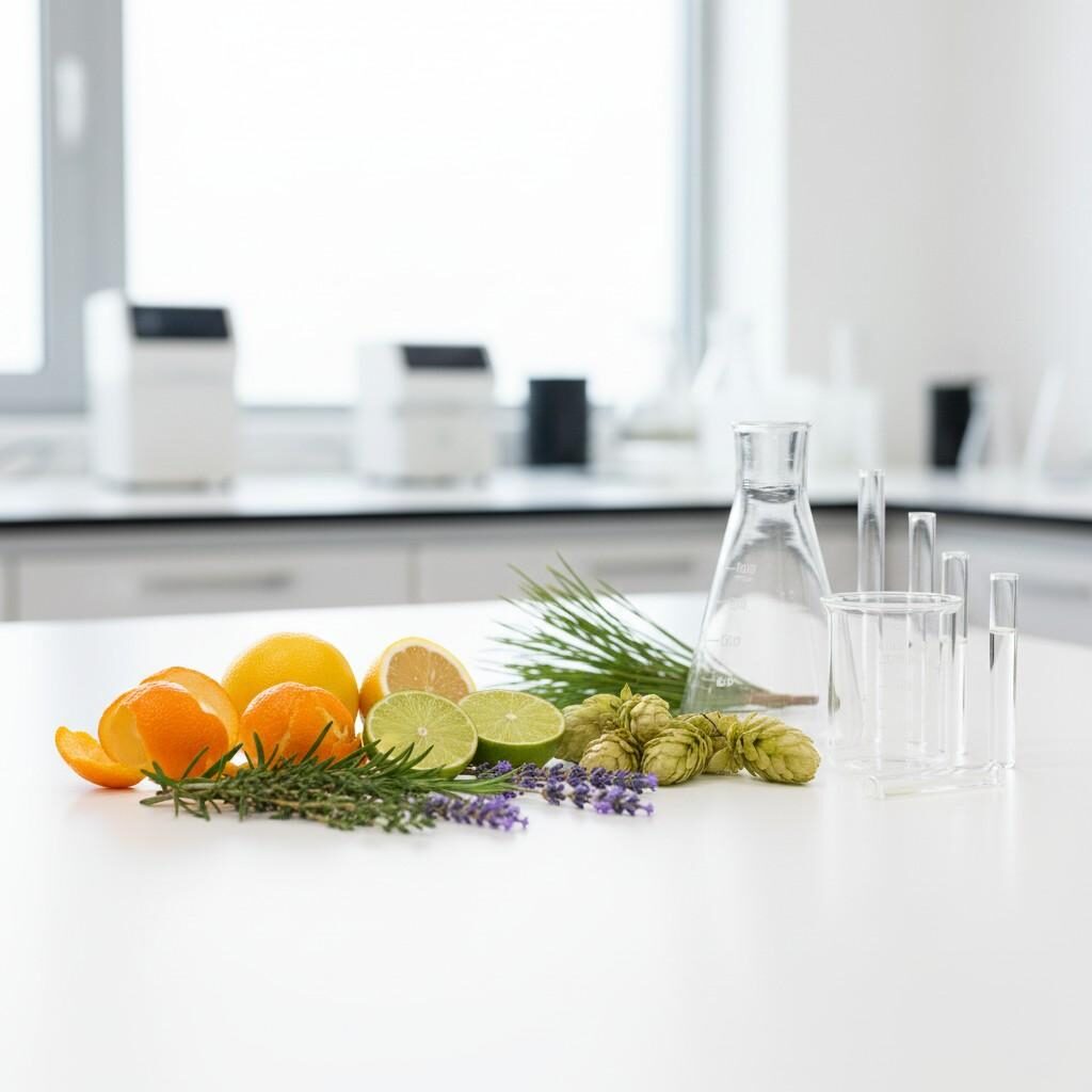 High-resolution macro photograph showcasing fresh botanical terpene sources—including citrus peels, hops, and lavender—arranged beside clean laboratory glassware. The visual emphasizes the use of natural ingredients and modern scientific rigor in flavor research and development