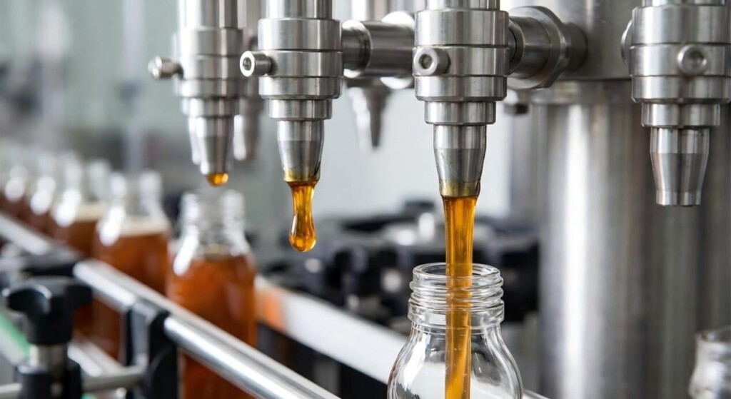 A detailed look at a multi-head piston filling machine in operation, demonstrating the precision and challenges of dispensing thick, viscous liquids like e-juice with minimal dripping.