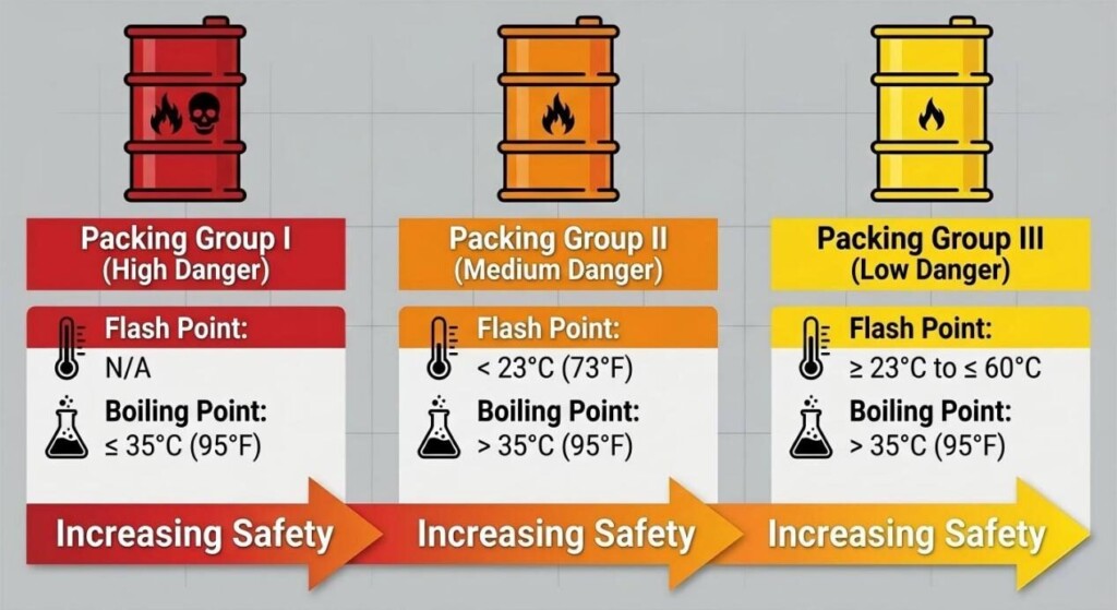 A technical infographic explaining the criteria for Flammable Liquid Packing Groups I, II, and III based on flash point and boiling point temperatures to ensure safe transport and handling.