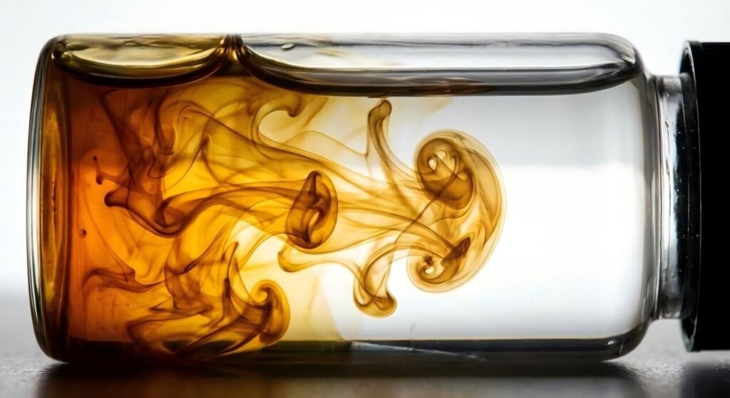 A striking macro photograph showcasing chemical diffusion as a viscous amber liquid creates smoke-like tendrils while merging with a clear fluid inside a glass vial.