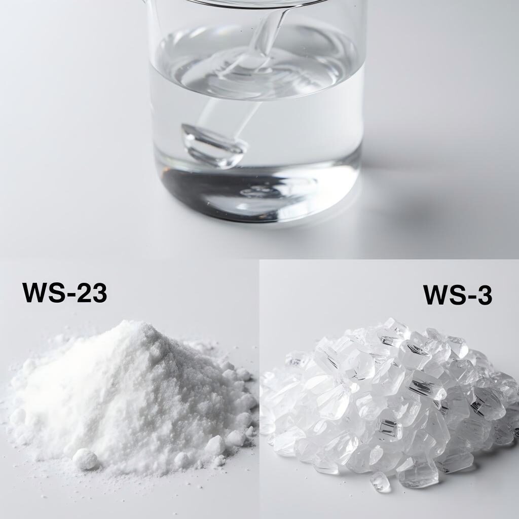 A high-resolution split-screen macro photo comparing the snowy, fluffy texture of WS-23 powder with the rigid, shard-like structure of WS-3 crystals, featuring a beaker of PG for dissolution.