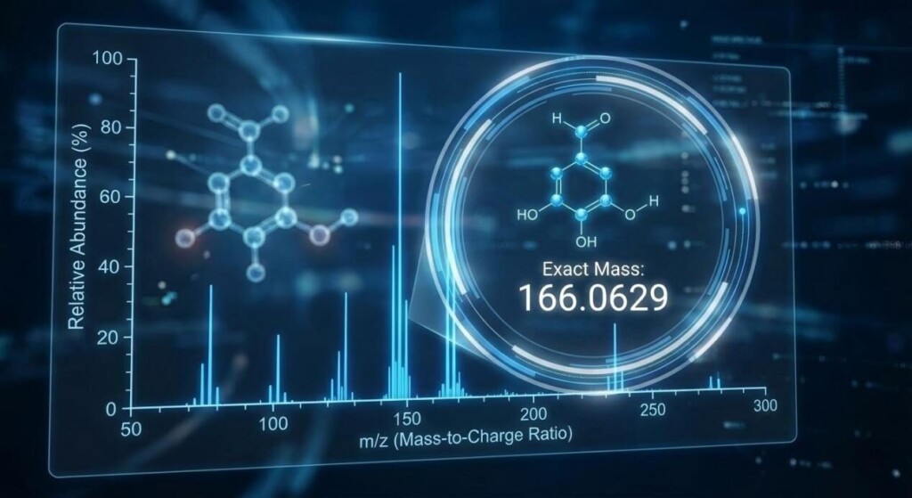 A high-tech digital visualization of a mass spectrum showing relative abundance peaks, m/z ratios, and the identified chemical structure with a precise exact mass readout.