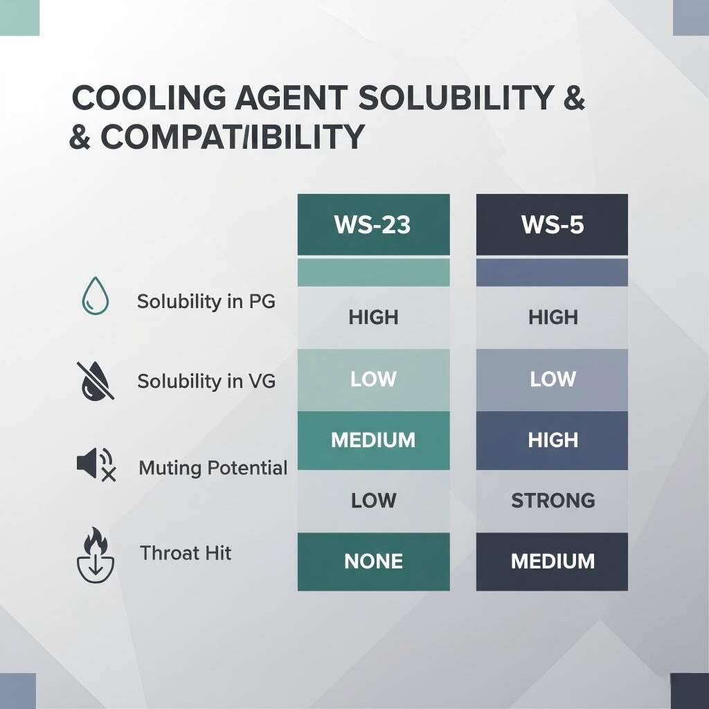 A detailed infographic chart comparing WS-23, WS-3, and WS-5 cooling agents across key metrics: PG/VG solubility, flavor muting potential, and throat hit intensity with easy-to-read icons.