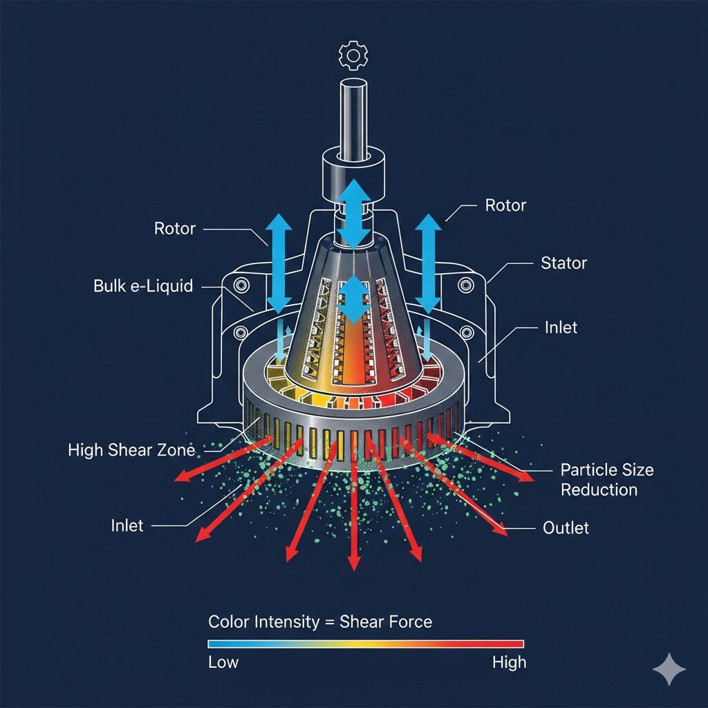 A detailed technical illustration showing the cross-section of a rotor-stator workhead, highlighting fluid flow paths and high-intensity shear zones for emulsion processing.