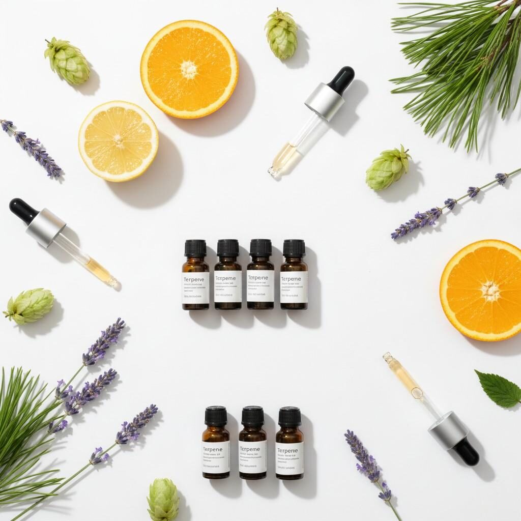 A visually appealing, clean white flat-lay featuring an aesthetic arrangement of terpene vials, e-liquid droppers, and natural botanical sources like citrus, lavender, hops, and pine, highlighting the natural origin of flavor components