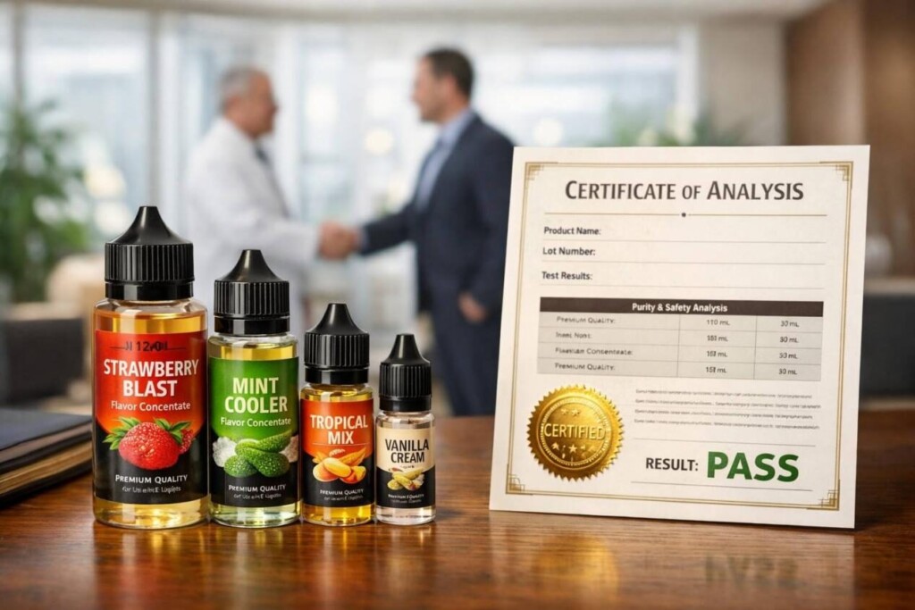 Professional flavor concentrate bottles displayed with an official Certificate of Analysis (COA) showing PASS results, highlighting strict quality control, laboratory testing, and trusted partnerships in food flavor manufacturing.
