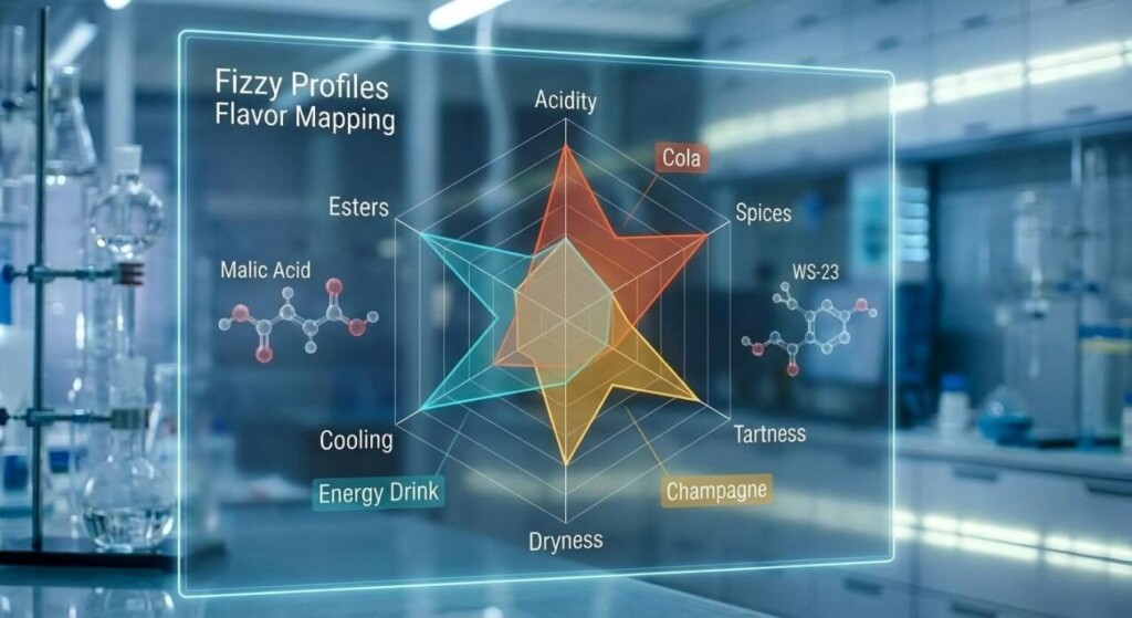 A technical infographic displaying "Fizzy Profiles Flavor Mapping." It uses a radar chart to compare the chemical and sensory attributes of Cola, Champagne, and Energy Drink flavors alongside molecular structures of Malic Acid and WS-23.