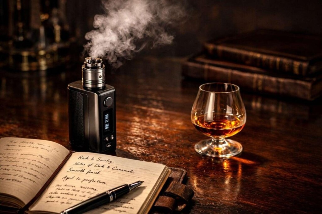 A sophisticated lifestyle photograph featuring a high-end vape mod with an RDA, rising vapor, a leather journal of tasting notes, and an amber spirit on a polished wood desk, evoking a relaxed, intellectual, and premium atmosphere.