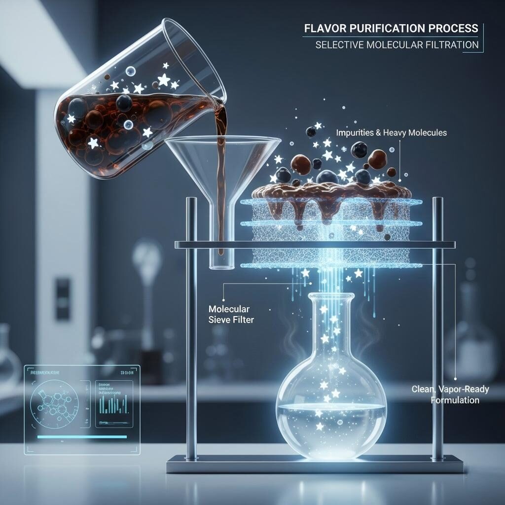 A conceptual laboratory diagram showing the filtration of heavy, dark molecules from light, agile molecules to create a clean, vapor-ready formulation.