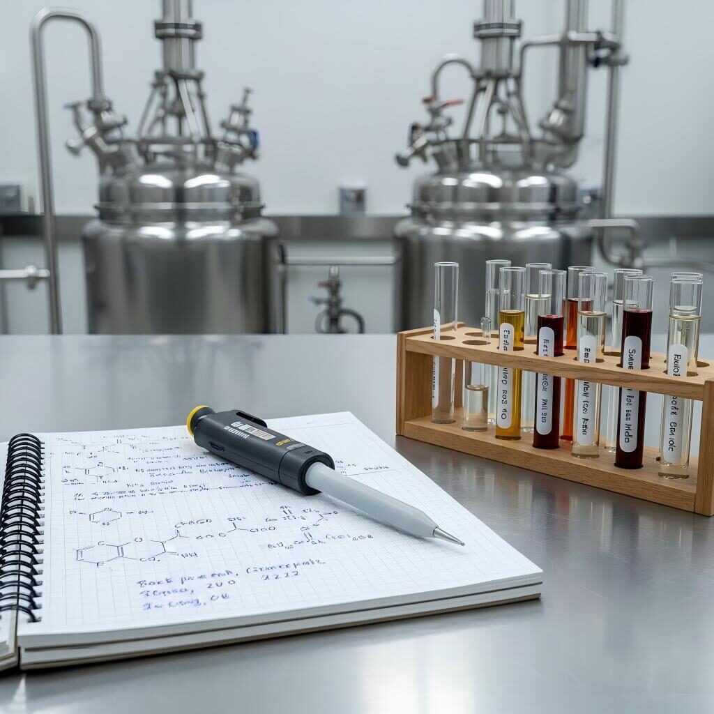 A high-resolution view of a professional flavor chemist's workbench featuring formulation notes, a digital pipette, and test tubes against a backdrop of industrial mixing equipment.