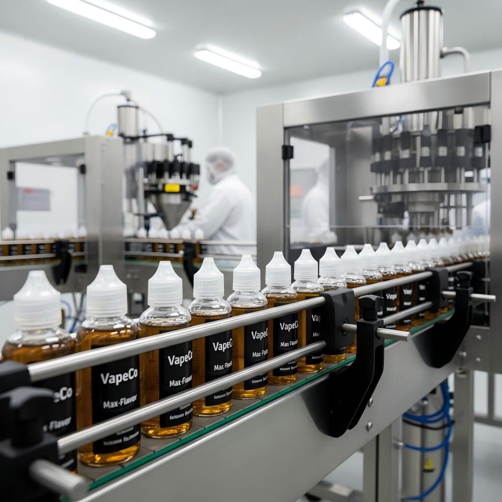 A high-quality photograph of a modern, sterile e-liquid production line featuring precisely filled bottles on a stainless steel conveyor belt, demonstrating industrial efficiency and cleanliness.