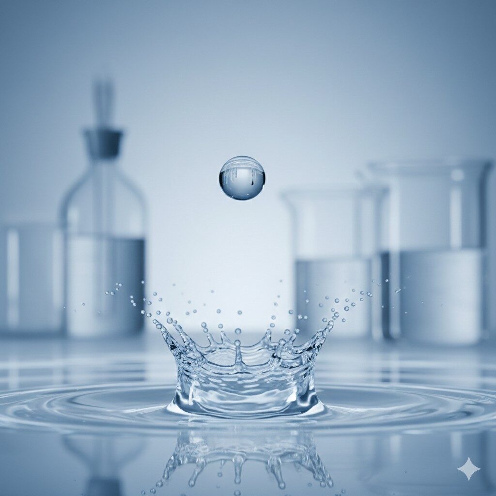 A stunning macro, high-speed photograph of a single liquid droplet splash, symbolizing the precision and uniformity of the nano-emulsification process in a laboratory setting.