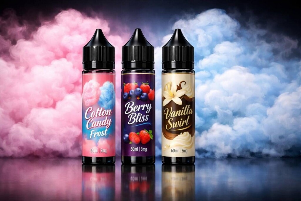 A clean, professional product lineup featuring premium 60ml e-liquid bottles set against soft pink and blue cotton candy–style vapor clouds. Ideal for vape branding, digital ads, and high-end product marketing