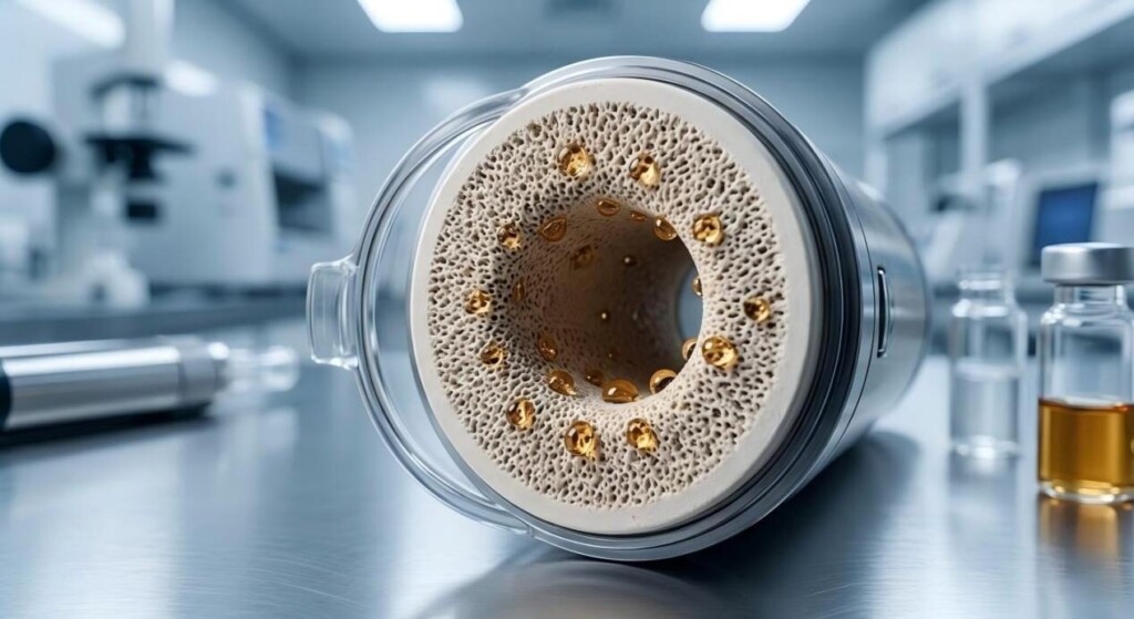 多孔陶瓷加热元件的高分辨率超特写照片,显示单个琥珀色电子液体液滴停留在表面上以突出接触角。