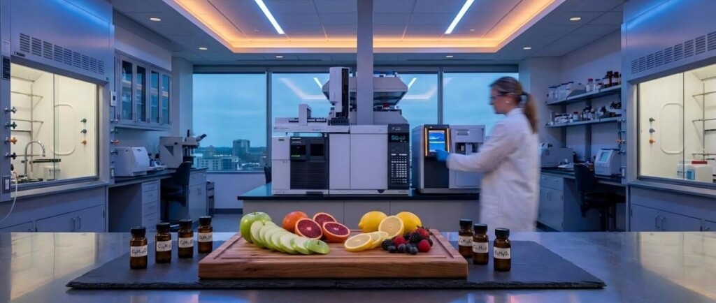 منظر متطور لمختبر كيمياء النكهات الحديث الذي يضم معدات كروماتوغرافيا الغاز ومستخلصات الفاكهة الطازجة المستخدمة لتحليل ملفات تعريف الرائحة.