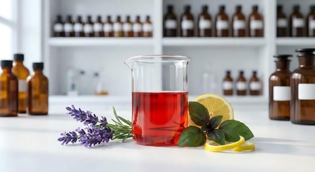 现代风味研发实验室的高端电影视图，以植物元素和充满活力的红色浓缩电子烟油为特色。