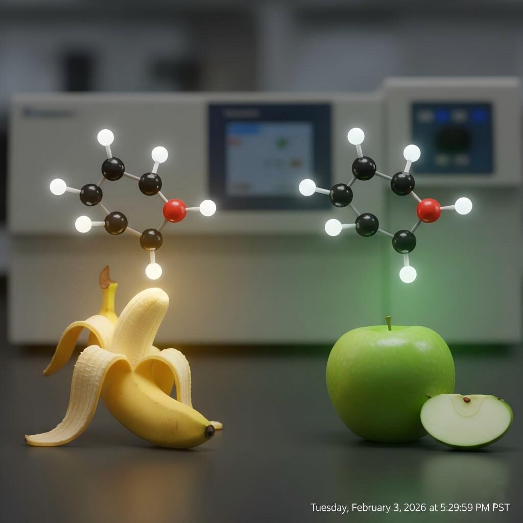 高度详细的科学可视化显示了香蕉上的乙酸异戊酯和青苹果上的乙酸己酯，说明了天然水果香料的分子基础。