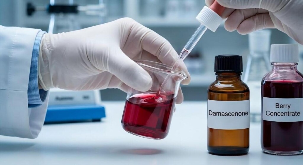 实验室精确混合大马士酮和浆果浓缩物以形成风味的特写镜头。