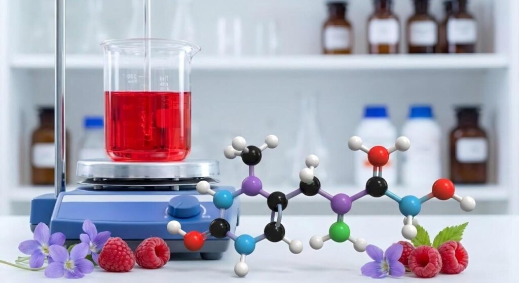 专业实验室烧杯，盛有红色液体和 Beta-Ionone 模型，将化学成分与覆盆子和紫罗兰花香融为一体。
