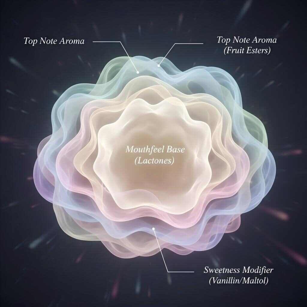 蒸汽云的创意横截面图，展示了从内酯重的口感基调到果香酯前调的风味分层结构。