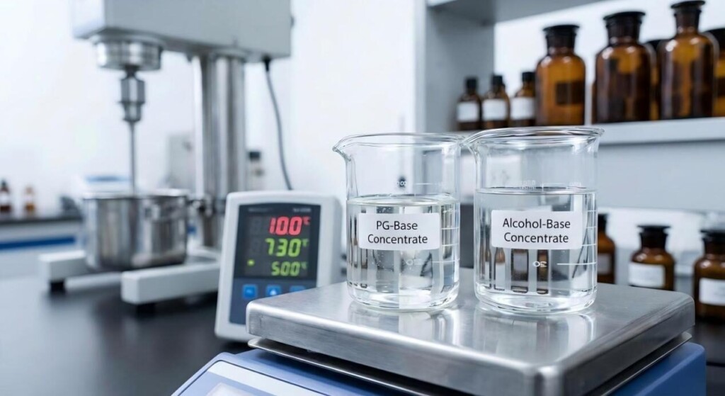 A high-resolution view inside a sterile e-liquid laboratory comparing PG-Base and Alcohol-Base concentrates on a magnetic stirrer.