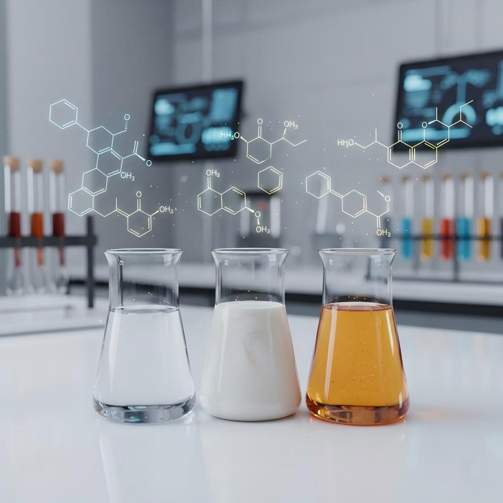 A premium, stylized view of a high-tech flavor laboratory featuring beakers of clear liquids, milky emulsions, and golden concentrates under translucent chemical diagrams.