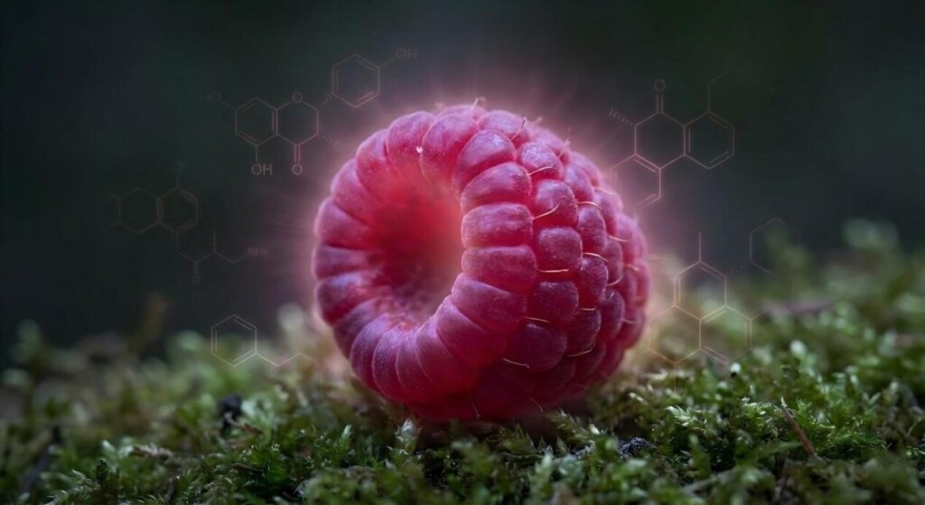 A visually striking ripe raspberry featuring an ethereal glow and faint molecular structures representing complex natural flavor science.