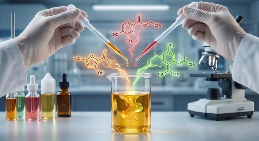 A technical look at flavor synthesis. This image captures the precise moment aromatic compounds like furaneol and fruit esters are blended to create a complex, synergistic flavor profile in a controlled laboratory environment.