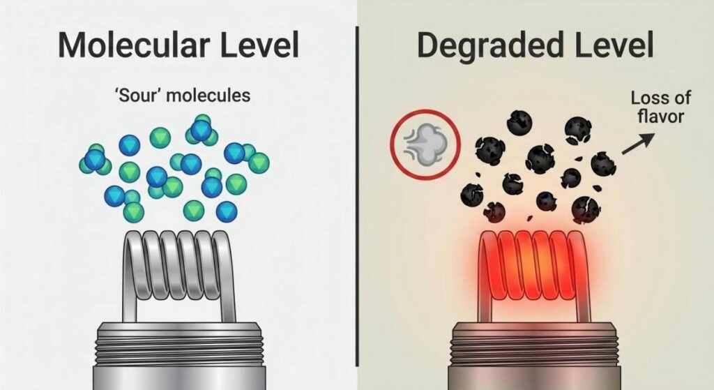 A professional technical diagram comparing molecular-level flavor purity with heat-induced coil degradation and flavor loss.