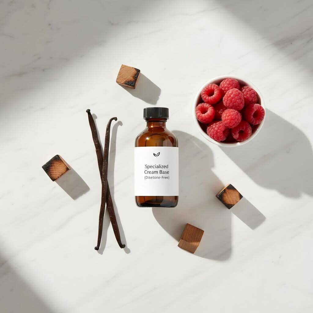 Discover the future of clean-label innovation with our diketone-free Specialized Cream Base. A minimalist flat-lay featuring vanilla, raspberries, and toasted oak, representing the botanical and ester-based building blocks of modern flavor science.